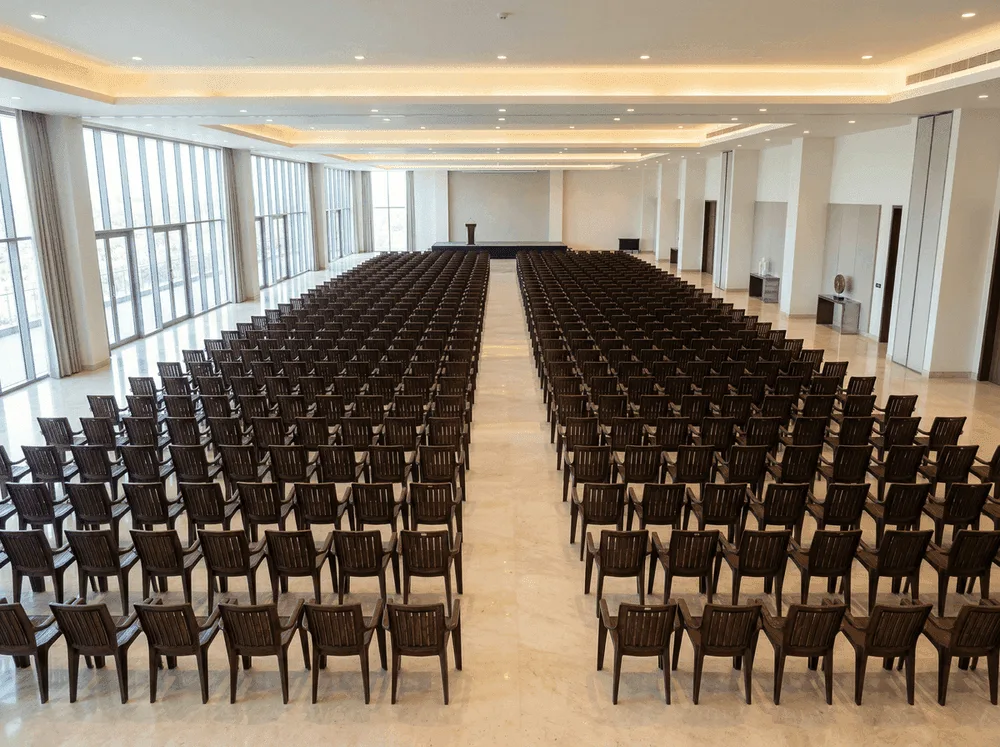 Rows of Crown chairs in a grand institutional banquet hall